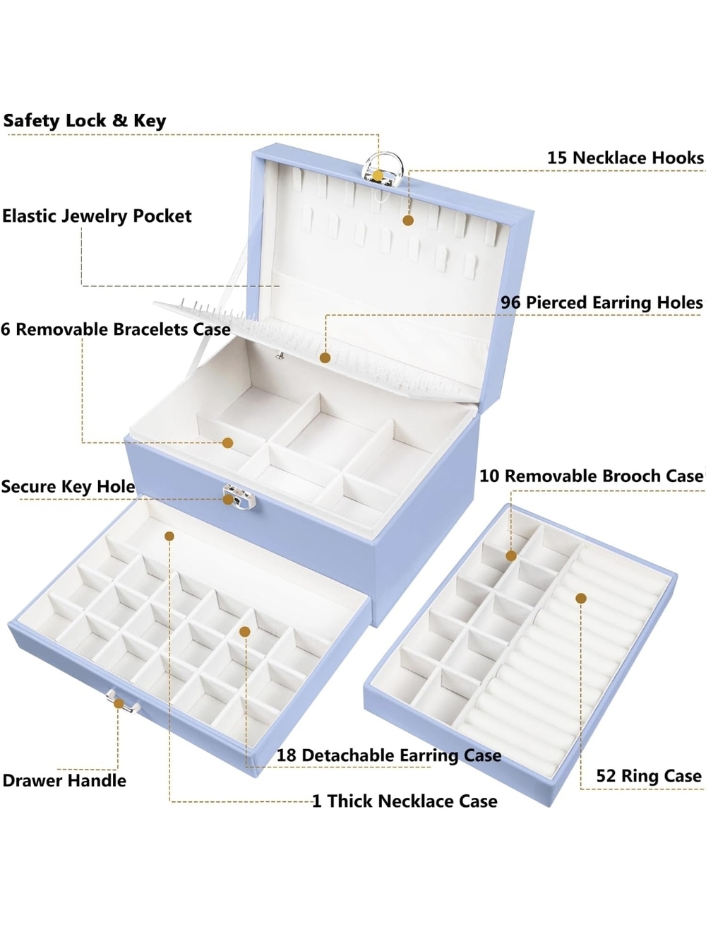 Blue Jewelry Organizer Box with Multiple Trays New - Picture 2 of 7
